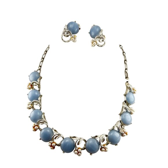 Vintage Blue Moonglow Bead & Faux Pearl Necklace Earrings Set Silver Tone Floral - Picture 2 of 10